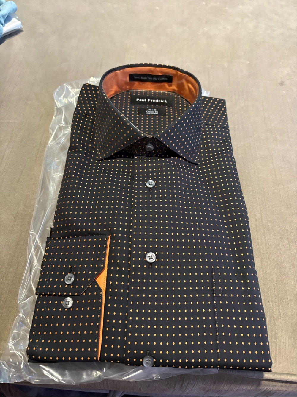 Paul Fredrick Black Dress Shirt with Orange Dot Accents